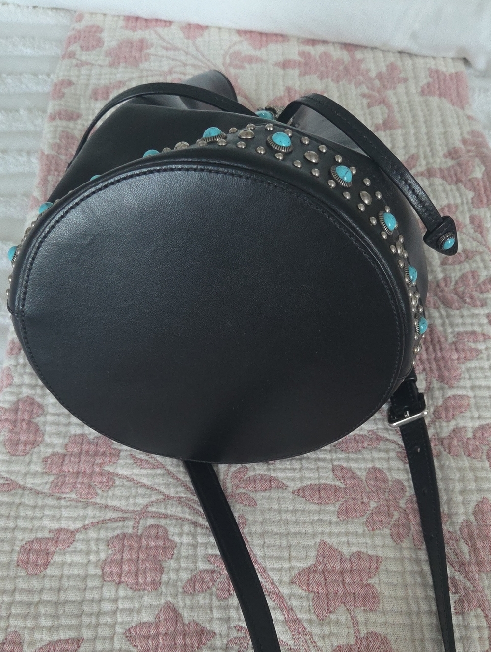 Black Leather Bucket Bag with Turquoise Stud Accents - Picture 12 of 12